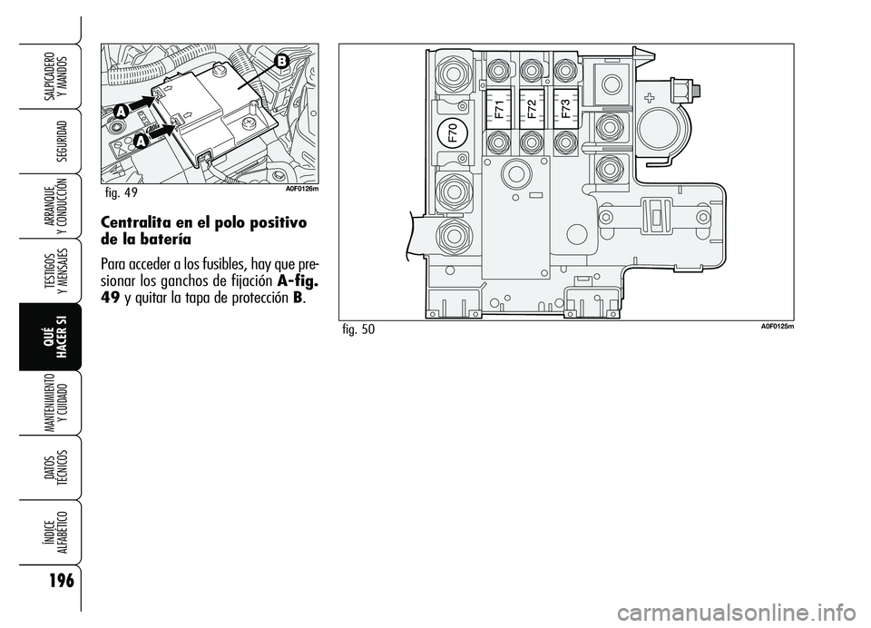 Alfa Romeo Brera/Spider 2007  Manual de Empleo y Cuidado (in Spanish) 196
SEGURIDAD
TESTIGOS 
Y MENSAJES
QUÉ 
HACER SI
MANTENIMIENTO
Y CUIDADO
DATOS 
TÉCNICOS
ÍNDICE 
ALFABÉTICO
SALPICADERO 
Y MANDOS 
ARRANQUE 
Y CONDUCCIÓNCentralita en el polo positivo 
de la bate