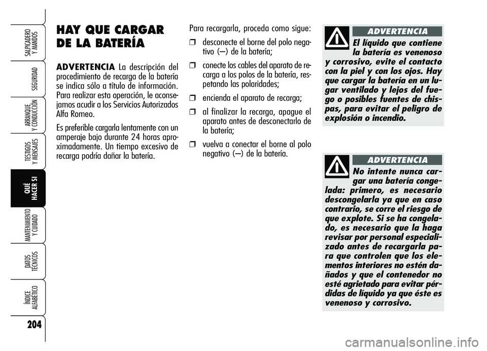 Alfa Romeo Brera/Spider 2007 Manual de Empleo y Cuidado (in Spanish) 204
SEGURIDAD
TESTIGOS
Y MENSAJES
QUÉ
HACER SI
MANTENIMIENTO
Y CUIDADO
DATOS
TÉCNICOS
ÍNDICE
ALFABÉTICO
SALPICADERO
Y MANDOS
ARRANQUE
Y CONDUCCIÓN
HAY QUE CARGAR
DE LA BATERÍA
ADVERTENCIA Alfa Romeo Brera/Spider 2007 Manual de Empleo y Cuidado (in Spanish) 204
SEGURIDAD
TESTIGOS
Y MENSAJES
QUÉ
HACER SI
MANTENIMIENTO
Y CUIDADO
DATOS
TÉCNICOS
ÍNDICE
ALFABÉTICO
SALPICADERO
Y MANDOS
ARRANQUE
Y CONDUCCIÓN
HAY QUE CARGAR
DE LA BATERÍA
ADVERTENCIA