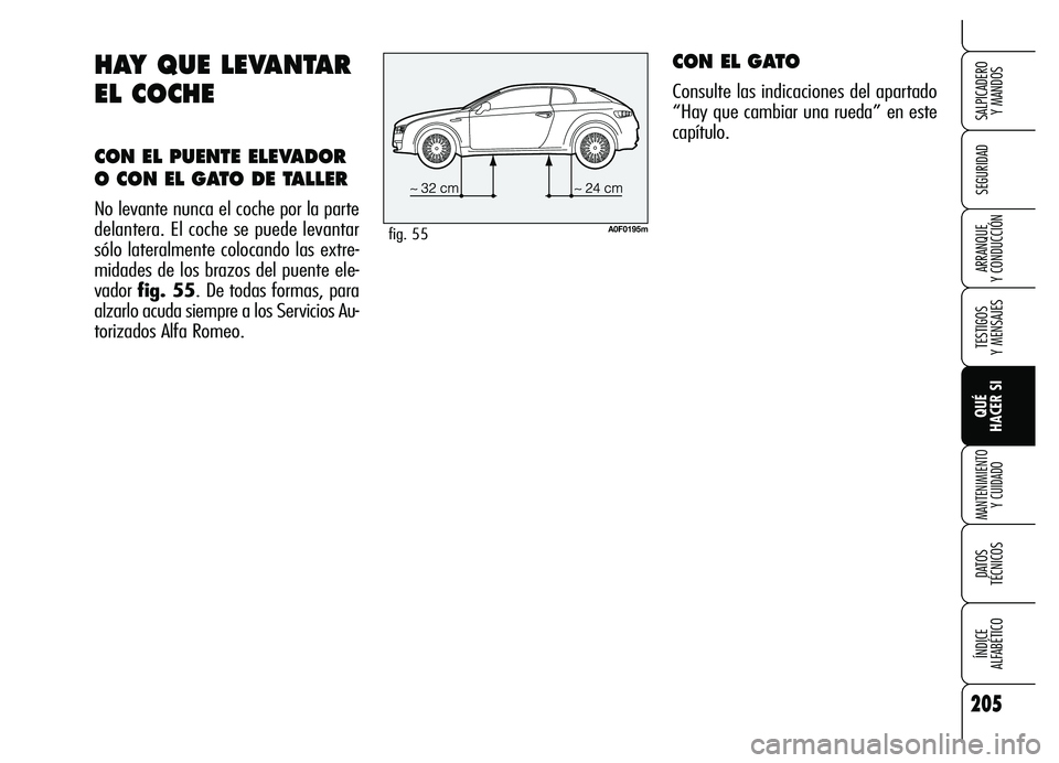Alfa Romeo Brera/Spider 2007  Manual de Empleo y Cuidado (in Spanish) 205
SEGURIDAD
TESTIGOS 
Y MENSAJES
QUÉ 
HACER SI
MANTENIMIENTO
Y CUIDADO
DATOS 
TÉCNICOS
ÍNDICE 
ALFABÉTICO 
SALPICADERO 
Y MANDOS 
ARRANQUE 
Y CONDUCCIÓN
HAY QUE LEVANTAR
EL COCHE
CON EL PUENTE 