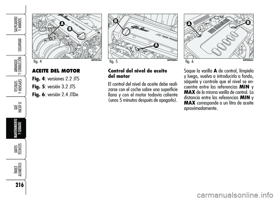 Alfa Romeo Brera/Spider 2007  Manual de Empleo y Cuidado (in Spanish) 216
SEGURIDAD
TESTIGOS 
Y MENSAJES
QUÉ
HACER SI
MANTENIMIENTO
Y CUIDADO
DATOS 
TÉCNICOS
ÍNDICE 
ALFABÉTICO
SALPICADERO 
Y MANDOS 
ARRANQUE 
Y CONDUCCIÓNACEITE DEL MOTOR
Fig. 4: versiones 2.2 JTS
