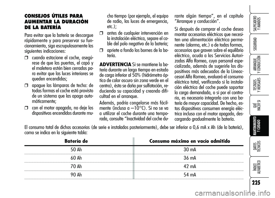 Alfa Romeo Brera/Spider 2007 Manual de Empleo y Cuidado (in Spanish) 225
SEGURIDAD
TESTIGOS
Y MENSAJES
QUÉ
HACER SI
MANTENIMIENTO
Y CUIDADO
DATOS
TÉCNICOS
ÍNDICE
ALFABÉTICO
SALPICADERO
Y MANDOS
ARRANQUE
Y CONDUCCIÓN
CONSEJOS ÚTILES PARA
AUMENTAR LA DURACI Alfa Romeo Brera/Spider 2007 Manual de Empleo y Cuidado (in Spanish) 225
SEGURIDAD
TESTIGOS
Y MENSAJES
QUÉ
HACER SI
MANTENIMIENTO
Y CUIDADO
DATOS
TÉCNICOS
ÍNDICE
ALFABÉTICO
SALPICADERO
Y MANDOS
ARRANQUE
Y CONDUCCIÓN
CONSEJOS ÚTILES PARA
AUMENTAR LA DURACI