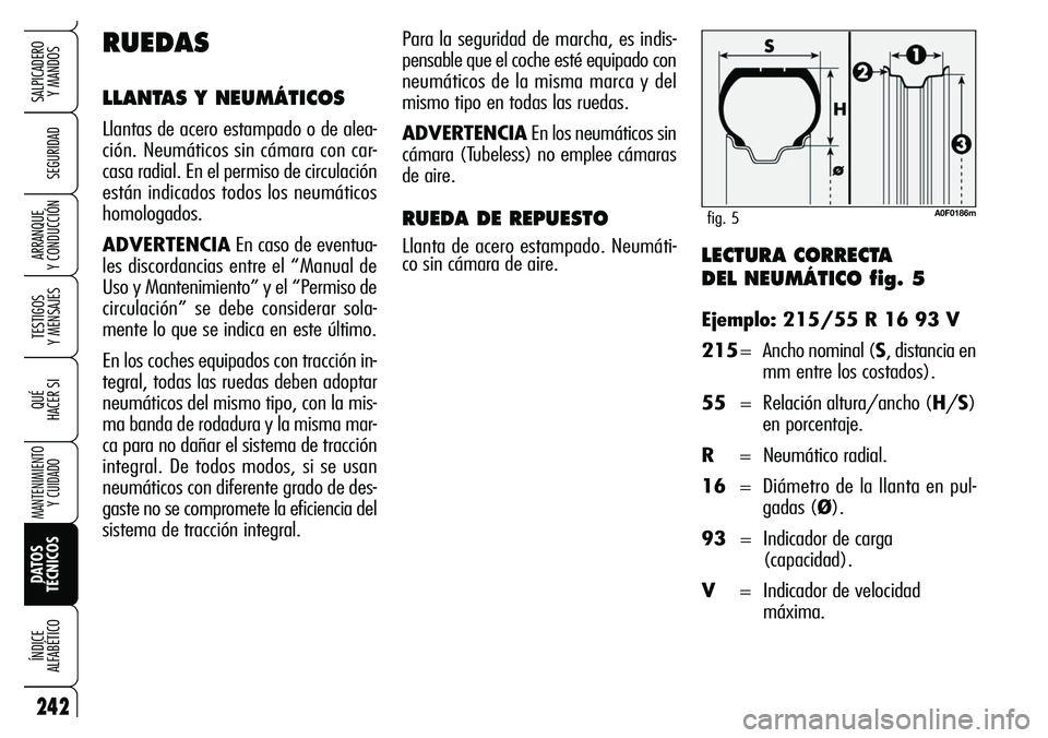 Alfa Romeo Brera/Spider 2007 Manual de Empleo y Cuidado (in Spanish) 242
SEGURIDAD
TESTIGOS
Y MENSAJES
QUÉ
HACER SI
MANTENIMIENTO
Y CUIDADO
DATOS
TÉCNICOS ÍNDICE
ALFABÉTICO
SALPICADERO
Y MANDOS
ARRANQUE
Y CONDUCCIÓNLECTURA CORRECTA
DEL NEUMÁTICO fig. 5
Eje Alfa Romeo Brera/Spider 2007 Manual de Empleo y Cuidado (in Spanish) 242
SEGURIDAD
TESTIGOS
Y MENSAJES
QUÉ
HACER SI
MANTENIMIENTO
Y CUIDADO
DATOS
TÉCNICOS ÍNDICE
ALFABÉTICO
SALPICADERO
Y MANDOS
ARRANQUE
Y CONDUCCIÓNLECTURA CORRECTA
DEL NEUMÁTICO fig. 5
Eje