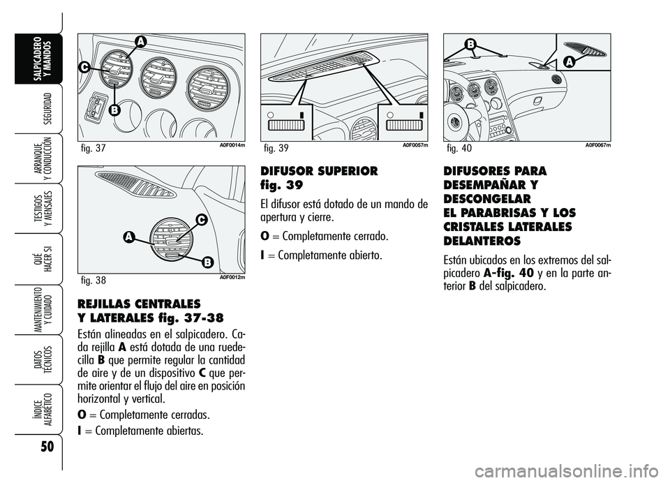 Alfa Romeo Brera/Spider 2007  Manual de Empleo y Cuidado (in Spanish) 50
SEGURIDAD
TESTIGOS 
Y MENSAJES
QUÉ
HACER SI
MANTENIMIENTO
Y CUIDADO
DATOS 
TÉCNICOS
ÍNDICE 
ALFABÉTICO
SALPICADERO
Y MANDOS 
ARRANQUE 
Y CONDUCCIÓN
REJILLAS CENTRALES 
Y LATERALES fig. 37-38
E