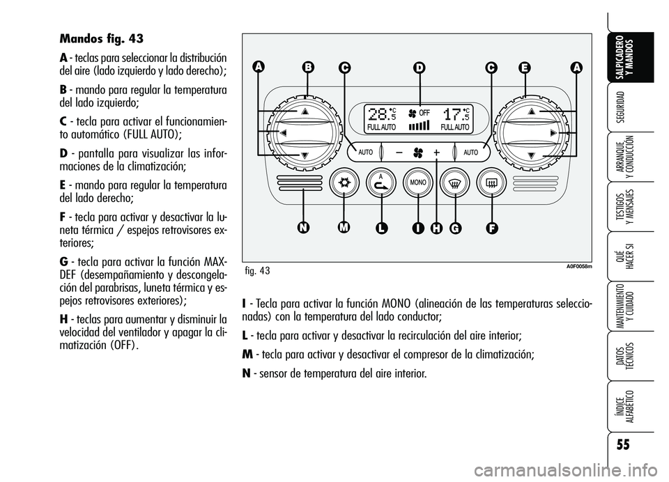 Alfa Romeo Brera/Spider 2007  Manual de Empleo y Cuidado (in Spanish) 55
SEGURIDAD
TESTIGOS 
Y MENSAJES
QUÉ
HACER SI
MANTENIMIENTO
Y CUIDADO
DATOS 
TÉCNICOS
ÍNDICE 
ALFABÉTICO 
SALPICADERO
Y MANDOS 
ARRANQUE 
Y CONDUCCIÓN
I - Tecla para activar la función MONO (al