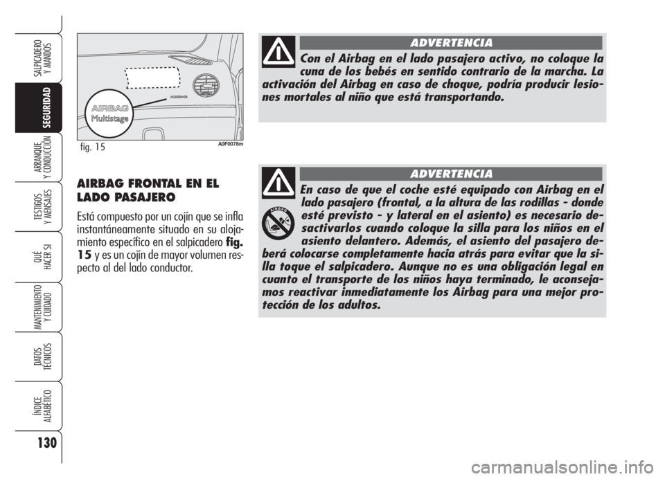 Alfa Romeo Brera/Spider 2008 Manual de Empleo y Cuidado (in Spanish) 130
SEGURIDAD
TESTIGOS
Y MENSAJES
QUÉ
HACER SI
MANTENIMIENTO
Y CUIDADO
DATOS
TÉCNICOS
ÍNDICE
ALFABÉTICO
SALPICADERO
Y MANDOS
ARRANQUE
Y CONDUCCIÓN
En caso de que el coche esté equipado con Air Alfa Romeo Brera/Spider 2008 Manual de Empleo y Cuidado (in Spanish) 130
SEGURIDAD
TESTIGOS
Y MENSAJES
QUÉ
HACER SI
MANTENIMIENTO
Y CUIDADO
DATOS
TÉCNICOS
ÍNDICE
ALFABÉTICO
SALPICADERO
Y MANDOS
ARRANQUE
Y CONDUCCIÓN
En caso de que el coche esté equipado con Air