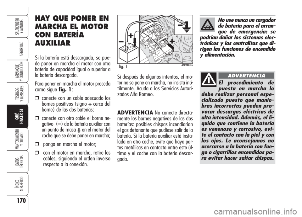 Alfa Romeo Brera/Spider 2008 Manual de Empleo y Cuidado (in Spanish) 170
SEGURIDAD
TESTIGOS
Y MENSAJES
QUÉ
HACER SI
MANTENIMIENTO
Y CUIDADO
DATOS
TÉCNICOS
ÍNDICE
ALFABÉTICO
SALPICADERO
Y MANDOS
ARRANQUE
Y CONDUCCIÓN
ADVERTENCIANo conecte directa-
mente los borne Alfa Romeo Brera/Spider 2008 Manual de Empleo y Cuidado (in Spanish) 170
SEGURIDAD
TESTIGOS
Y MENSAJES
QUÉ
HACER SI
MANTENIMIENTO
Y CUIDADO
DATOS
TÉCNICOS
ÍNDICE
ALFABÉTICO
SALPICADERO
Y MANDOS
ARRANQUE
Y CONDUCCIÓN
ADVERTENCIANo conecte directa-
mente los borne