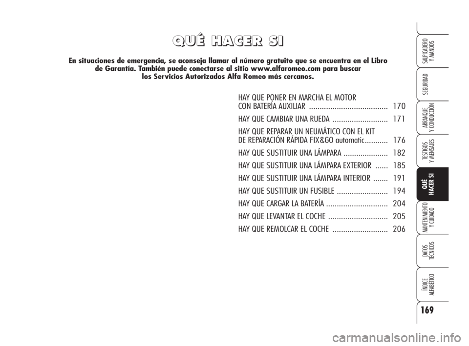 Alfa Romeo Brera/Spider 2009 Manual de Empleo y Cuidado (in Spanish) 169
SEGURIDAD
TESTIGOS
Y MENSAJES
QUÉ
HACER SI
MANTENIMIENTO
Y CUIDADO
DATOS
TÉCNICOS
ÍNDICE
ALFABÉTICO
SALPICADERO
Y MANDOS
ARRANQUE
Y CONDUCCIÓN
Q Q
U U
É É
H H
A A
C C
E E
R R
S S
I I
HAY Alfa Romeo Brera/Spider 2009 Manual de Empleo y Cuidado (in Spanish) 169
SEGURIDAD
TESTIGOS
Y MENSAJES
QUÉ
HACER SI
MANTENIMIENTO
Y CUIDADO
DATOS
TÉCNICOS
ÍNDICE
ALFABÉTICO
SALPICADERO
Y MANDOS
ARRANQUE
Y CONDUCCIÓN
Q Q
U U
É É
H H
A A
C C
E E
R R
S S
I I
HAY