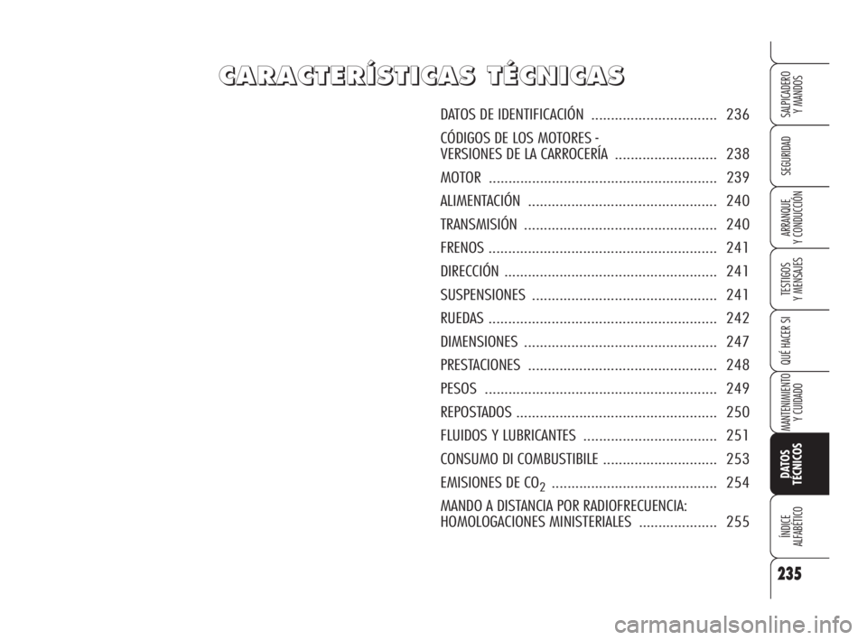 Alfa Romeo Brera/Spider 2009 Manual de Empleo y Cuidado (in Spanish) 235
SEGURIDAD
TESTIGOS
Y MENSAJES
QUÉ HACER SI
MANTENIMIENTO
Y CUIDADO
DATOS
TÉCNICOS
ÍNDICE
ALFABÉTICO
SALPICADERO
Y MANDOS
ARRANQUE
Y CONDUCCIÓN
235
C C
A A
R R
A A
C C
T T
E E
R R
Í Í
S S
T Alfa Romeo Brera/Spider 2009 Manual de Empleo y Cuidado (in Spanish) 235
SEGURIDAD
TESTIGOS
Y MENSAJES
QUÉ HACER SI
MANTENIMIENTO
Y CUIDADO
DATOS
TÉCNICOS
ÍNDICE
ALFABÉTICO
SALPICADERO
Y MANDOS
ARRANQUE
Y CONDUCCIÓN
235
C C
A A
R R
A A
C C
T T
E E
R R
Í Í
S S
T