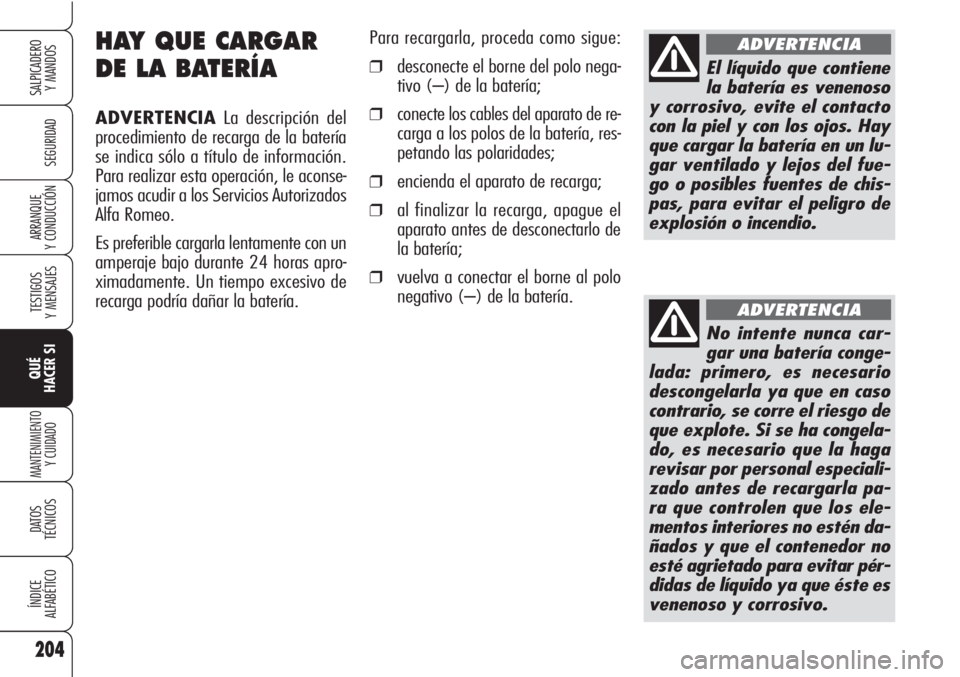 Alfa Romeo Brera/Spider 2010 Manual de Empleo y Cuidado (in Spanish) 204
SEGURIDAD
TESTIGOS
Y MENSAJES
QUÉ
HACER SI
MANTENIMIENTO
Y CUIDADO
DATOS
TÉCNICOS
ÍNDICE
ALFABÉTICO
SALPICADERO
Y MANDOS
ARRANQUE
Y CONDUCCIÓN
HAY QUE CARGAR
DE LA BATERÍA
ADVERTENCIALa de Alfa Romeo Brera/Spider 2010 Manual de Empleo y Cuidado (in Spanish) 204
SEGURIDAD
TESTIGOS
Y MENSAJES
QUÉ
HACER SI
MANTENIMIENTO
Y CUIDADO
DATOS
TÉCNICOS
ÍNDICE
ALFABÉTICO
SALPICADERO
Y MANDOS
ARRANQUE
Y CONDUCCIÓN
HAY QUE CARGAR
DE LA BATERÍA
ADVERTENCIALa de