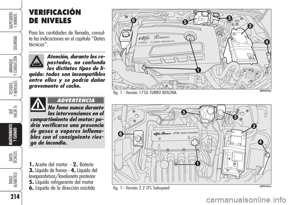 Alfa Romeo Brera/Spider 2010  Manual de Empleo y Cuidado (in Spanish) 214
SEGURIDAD
TESTIGOS
Y MENSAJES
QUÉ
HACER SI
MANTENIMIENTO
Y CUIDADO
DATOS 
TÉCNICOS
ÍNDICE
ALFABÉTICO
SALPICADERO
Y MANDOS 
ARRANQUE
Y CONDUCCIÓN
VERIFICACIÓN
DE NIVELES
Para las cantidades d