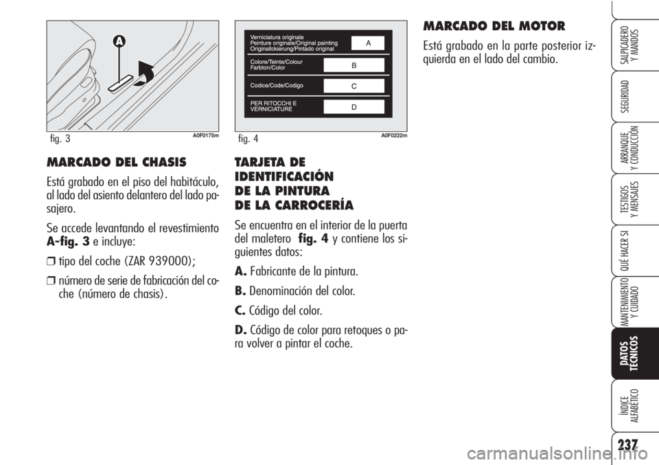 Alfa Romeo Brera/Spider 2010  Manual de Empleo y Cuidado (in Spanish) TARJETA DE
IDENTIFICACIÓN
DE LA PINTURA 
DE LA CARROCERÍA
Se encuentra en el interior de la puerta
del maletero  fig. 4y contiene los si-
guientes datos:
A.Fabricante de la pintura.
B.Denominación 