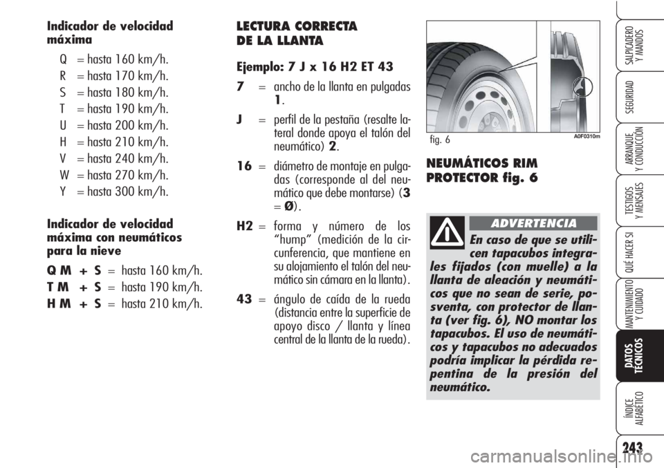 Alfa Romeo Brera/Spider 2010  Manual de Empleo y Cuidado (in Spanish) 243
SEGURIDAD
TESTIGOS
Y MENSAJES
QUÉ HACER SI
MANTENIMIENTO
Y CUIDADO
DATOS 
TÉCNICOS
ÍNDICE
ALFABÉTICO
SALPICADERO
Y MANDOS
ARRANQUE
Y CONDUCCIÓN
LECTURA CORRECTA 
DE LA LLANTA
Ejemplo: 7 J x 1
