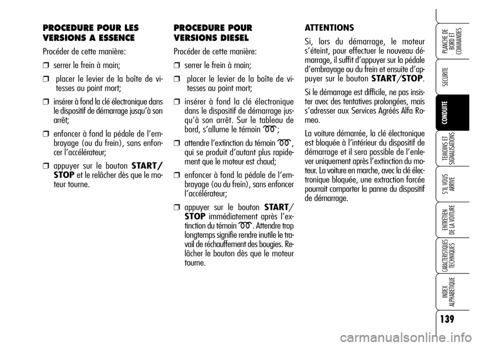 Alfa Romeo Brera/Spider 2006  Notice dentretien (in French) 139
SECURITE
TEMOINS ET
SIGNALISATIONS
S’IL VOUS 
ARRIVE
ENTRETIEN 
DE LA VOITURE
CARACTERISTIQUESTECHNIQUES
INDEX 
ALPHABETIQUE
PLANCHE DE
BORD ET 
COMMANDES
CONDUITE
PROCEDURE POUR LES
VERSIONS A 