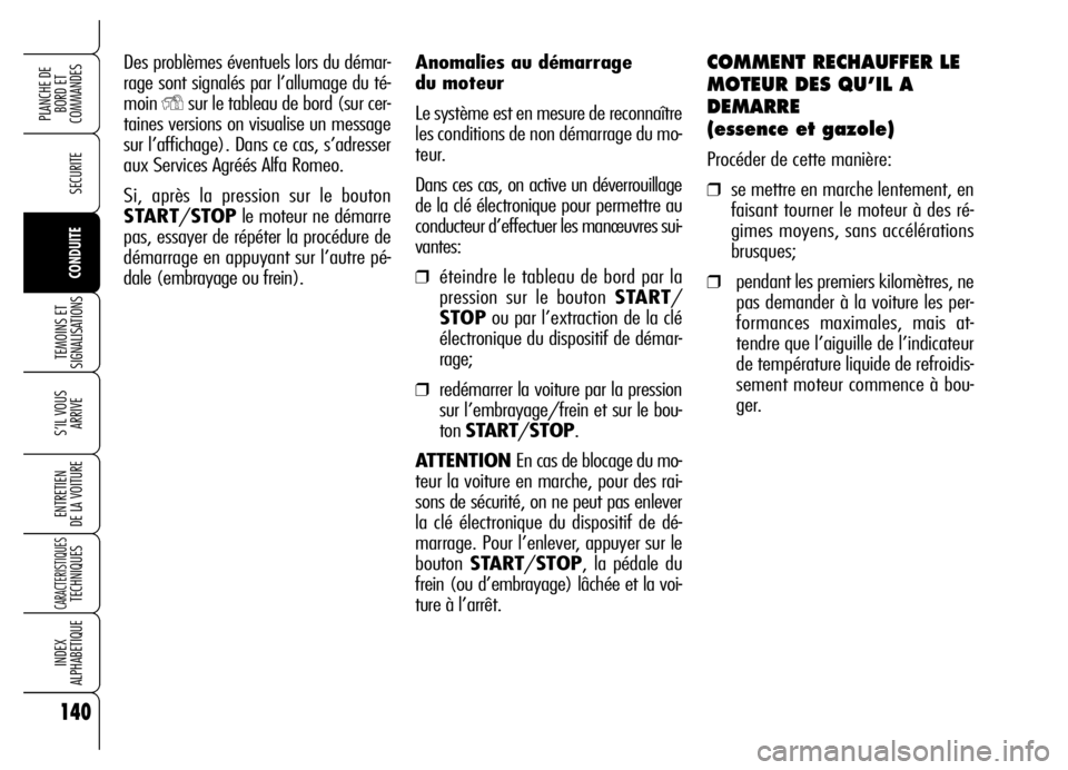 Alfa Romeo Brera/Spider 2006  Notice dentretien (in French) 140
SECURITE
TEMOINS ET
SIGNALISATIONS
S’IL VOUS 
ARRIVE
ENTRETIEN 
DE LA VOITURE
CARACTERISTIQUESTECHNIQUES
INDEX 
ALPHABETIQUE
PLANCHE DE
BORD ET 
COMMANDES
CONDUITE
Anomalies au démarrage 
du mo