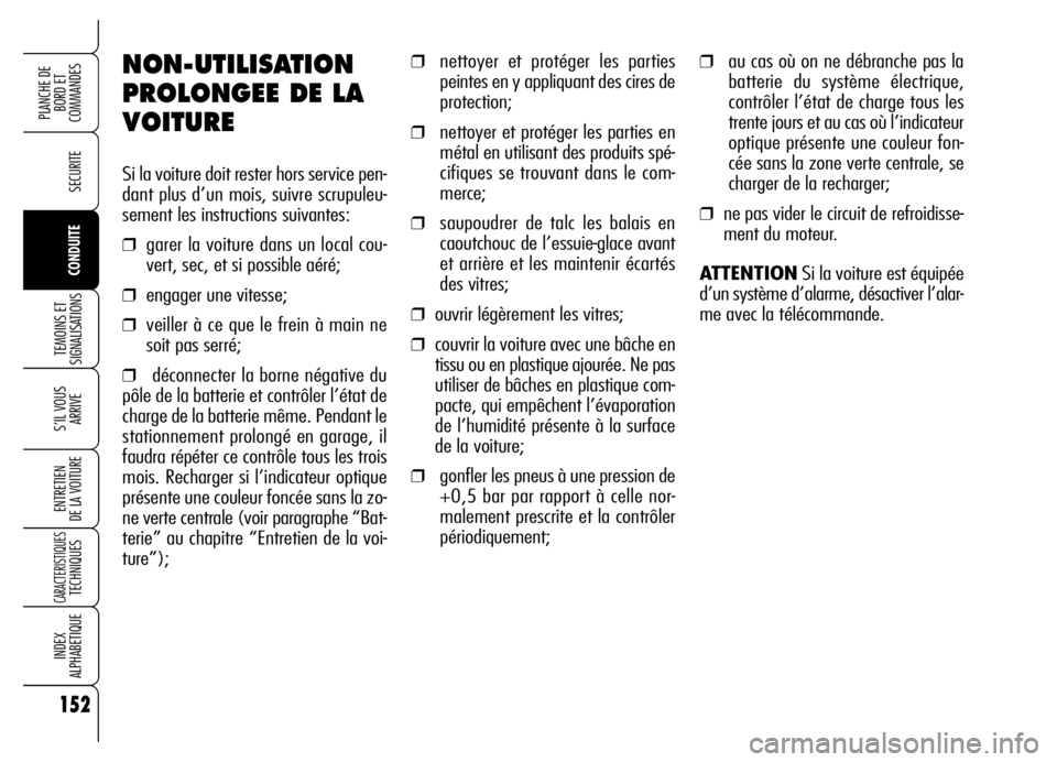 Alfa Romeo Brera/Spider 2006  Notice dentretien (in French) 152
SECURITE
TEMOINS ET
SIGNALISATIONS
S’IL VOUS 
ARRIVE
ENTRETIEN 
DE LA VOITURE
CARACTERISTIQUESTECHNIQUES
INDEX 
ALPHABETIQUE
PLANCHE DE
BORD ET 
COMMANDES
CONDUITE
NON-UTILISATION
PROLONGEE DE L