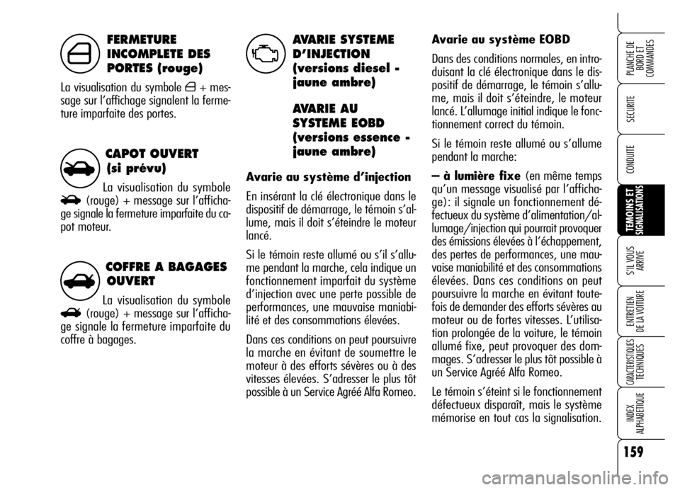 Alfa Romeo Brera/Spider 2006 Notice dentretien (in French) 159
SECURITE
TEMOINS ETSIGNALISATIONS
S’IL VOUS
ARRIVE
ENTRETIEN
DE LA VOITURE
CARACTERISTIQUESTECHNIQUES
INDEX
ALPHABETIQUE
PLANCHE DE
BORD ET
COMMANDES
CONDUITE
COFFRE A BAGAGES
OUVERT
La visu Alfa Romeo Brera/Spider 2006 Notice dentretien (in French) 159
SECURITE
TEMOINS ETSIGNALISATIONS
S’IL VOUS
ARRIVE
ENTRETIEN
DE LA VOITURE
CARACTERISTIQUESTECHNIQUES
INDEX
ALPHABETIQUE
PLANCHE DE
BORD ET
COMMANDES
CONDUITE
COFFRE A BAGAGES
OUVERT
La visu