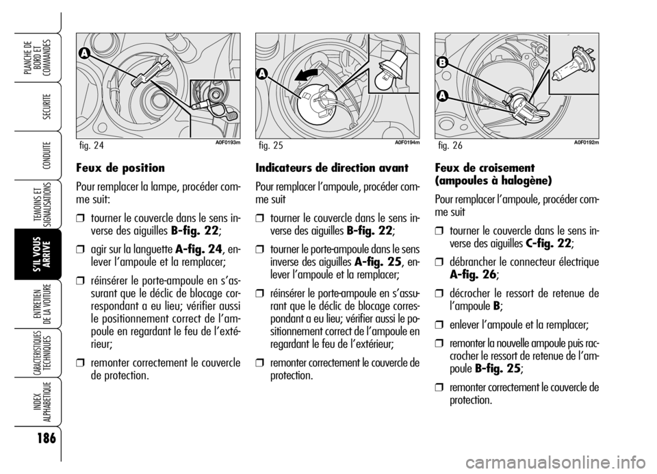 Alfa Romeo Brera/Spider 2006 Notice dentretien (in French) 186
SECURITE
TEMOINS ET
SIGNALISATIONS
S’IL VOUS
ARRIVE ENTRETIEN
DE LA VOITURE
CARACTERISTIQUES TECHNIQUES
INDEX
ALPHABETIQUE
PLANCHE DE
BORD ET
COMMANDES
CONDUITEFeux de position
Pour remplacer Alfa Romeo Brera/Spider 2006 Notice dentretien (in French) 186
SECURITE
TEMOINS ET
SIGNALISATIONS
S’IL VOUS
ARRIVE ENTRETIEN
DE LA VOITURE
CARACTERISTIQUES TECHNIQUES
INDEX
ALPHABETIQUE
PLANCHE DE
BORD ET
COMMANDES
CONDUITEFeux de position
Pour remplacer