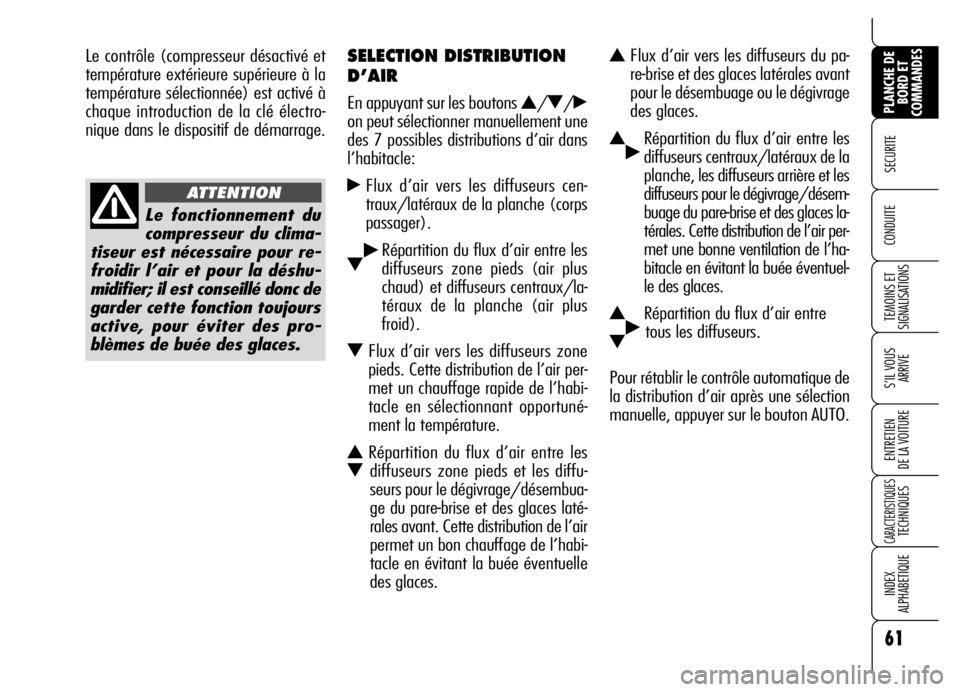 Alfa Romeo Brera/Spider 2006 Notice dentretien (in French) 61
SECURITE
TEMOINS ET
SIGNALISATIONS
S’IL VOUS
ARRIVE
ENTRETIEN
DE LA VOITURE
CARACTERISTIQUES TECHNIQUES
INDEX
ALPHABETIQUE
PLANCHE DE
BORD ET
COMMANDES
CONDUITE
SELECTION DISTRIBUTION
D’AIR Alfa Romeo Brera/Spider 2006 Notice dentretien (in French) 61
SECURITE
TEMOINS ET
SIGNALISATIONS
S’IL VOUS
ARRIVE
ENTRETIEN
DE LA VOITURE
CARACTERISTIQUES TECHNIQUES
INDEX
ALPHABETIQUE
PLANCHE DE
BORD ET
COMMANDES
CONDUITE
SELECTION DISTRIBUTION
D’AIR