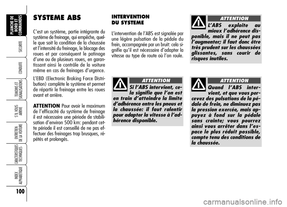 Alfa Romeo Brera/Spider 2007 Notice dentretien (in French) 100
SECURITE
TEMOINS ET
SIGNALISATIONS
S’IL VOUS
ARRIVE
ENTRETIEN
DE LA VOITURE
CARACTERISTIQUES TECHNIQUES
INDEX
ALPHABETIQUE
PLANCHE DE
BORD ET
COMMANDES
CONDUITE
SYSTEME ABS
C’est un systèm Alfa Romeo Brera/Spider 2007 Notice dentretien (in French) 100
SECURITE
TEMOINS ET
SIGNALISATIONS
S’IL VOUS
ARRIVE
ENTRETIEN
DE LA VOITURE
CARACTERISTIQUES TECHNIQUES
INDEX
ALPHABETIQUE
PLANCHE DE
BORD ET
COMMANDES
CONDUITE
SYSTEME ABS
C’est un systèm
