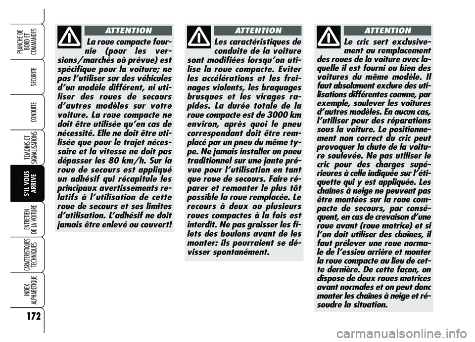 Alfa Romeo Brera/Spider 2007 Notice dentretien (in French) 172
SECURITE
TEMOINS ET
SIGNALISATIONS
S’IL VOUS
ARRIVE ENTRETIEN
DE LA VOITURE
CARACTERISTIQUES TECHNIQUES
INDEX
ALPHABETIQUE
PLANCHE DE
BORD ET
COMMANDES
CONDUITE
La roue compacte four-
nie (po Alfa Romeo Brera/Spider 2007 Notice dentretien (in French) 172
SECURITE
TEMOINS ET
SIGNALISATIONS
S’IL VOUS
ARRIVE ENTRETIEN
DE LA VOITURE
CARACTERISTIQUES TECHNIQUES
INDEX
ALPHABETIQUE
PLANCHE DE
BORD ET
COMMANDES
CONDUITE
La roue compacte four-
nie (po