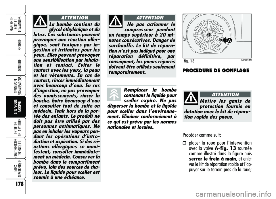 Alfa Romeo Brera/Spider 2007 Notice dentretien (in French) 178
SECURITE
TEMOINS ET
SIGNALISATIONS
S’IL VOUS
ARRIVE ENTRETIEN
DE LA VOITURE
CARACTERISTIQUES TECHNIQUES
INDEX
ALPHABETIQUE
PLANCHE DE
BORD ET
COMMANDES
CONDUITE
La bombe contient du
glycol é Alfa Romeo Brera/Spider 2007 Notice dentretien (in French) 178
SECURITE
TEMOINS ET
SIGNALISATIONS
S’IL VOUS
ARRIVE ENTRETIEN
DE LA VOITURE
CARACTERISTIQUES TECHNIQUES
INDEX
ALPHABETIQUE
PLANCHE DE
BORD ET
COMMANDES
CONDUITE
La bombe contient du
glycol é