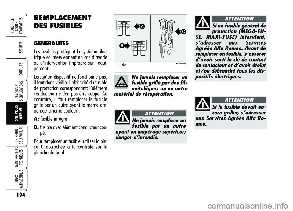 Alfa Romeo Brera/Spider 2007 Notice dentretien (in French) 194
SECURITE
TEMOINS ET
SIGNALISATIONS
S’IL VOUS
ARRIVE ENTRETIEN
DE LA VOITURE
CARACTERISTIQUES TECHNIQUES
INDEX
ALPHABETIQUE
PLANCHE DE
BORD ET
COMMANDES
CONDUITE
A0F0119mfig. 46
Ne jamais remp Alfa Romeo Brera/Spider 2007 Notice dentretien (in French) 194
SECURITE
TEMOINS ET
SIGNALISATIONS
S’IL VOUS
ARRIVE ENTRETIEN
DE LA VOITURE
CARACTERISTIQUES TECHNIQUES
INDEX
ALPHABETIQUE
PLANCHE DE
BORD ET
COMMANDES
CONDUITE
A0F0119mfig. 46
Ne jamais remp