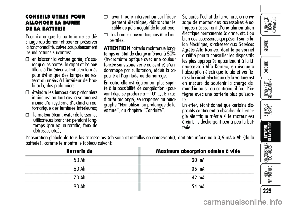 Alfa Romeo Brera/Spider 2007 Notice dentretien (in French) 225
SECURITE
TEMOINS ET
SIGNALISATIONS
S’IL VOUS
ARRIVE
ENTRETIEN
DE LA VOITURE
CARACTERISTIQUES TECHNIQUES
INDEX
ALPHABETIQUE
PLANCHE DE
BORD ET
COMMANDES
CONDUITE
225
CONSEILS UTILES POUR
ALLON Alfa Romeo Brera/Spider 2007 Notice dentretien (in French) 225
SECURITE
TEMOINS ET
SIGNALISATIONS
S’IL VOUS
ARRIVE
ENTRETIEN
DE LA VOITURE
CARACTERISTIQUES TECHNIQUES
INDEX
ALPHABETIQUE
PLANCHE DE
BORD ET
COMMANDES
CONDUITE
225
CONSEILS UTILES POUR
ALLON