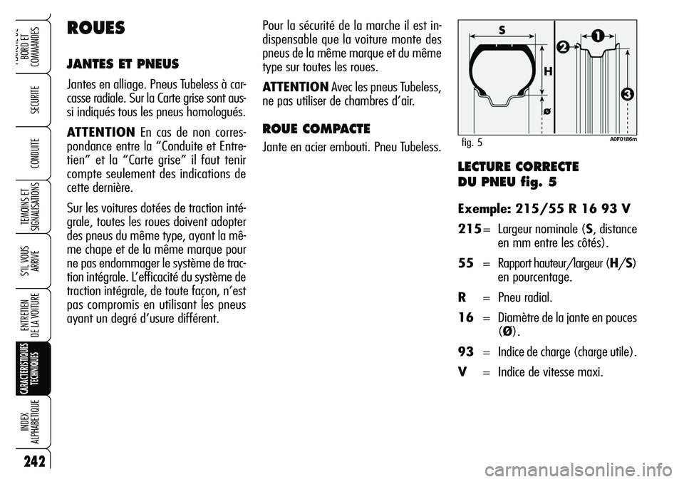 Alfa Romeo Brera/Spider 2007 Notice dentretien (in French) 242
SECURITE
TEMOINS ET
SIGNALISATIONS
S’IL VOUS
ARRIVE
ENTRETIEN
DE LA VOITURE
CARACTERISTIQUES
TECHNIQUES
INDEX
ALPHABETIQUE
PLANCHE DE
BORD ET
COMMANDES
CONDUITELECTURE CORRECTE
DU PNEU fig. Alfa Romeo Brera/Spider 2007 Notice dentretien (in French) 242
SECURITE
TEMOINS ET
SIGNALISATIONS
S’IL VOUS
ARRIVE
ENTRETIEN
DE LA VOITURE
CARACTERISTIQUES
TECHNIQUES
INDEX
ALPHABETIQUE
PLANCHE DE
BORD ET
COMMANDES
CONDUITELECTURE CORRECTE
DU PNEU fig.