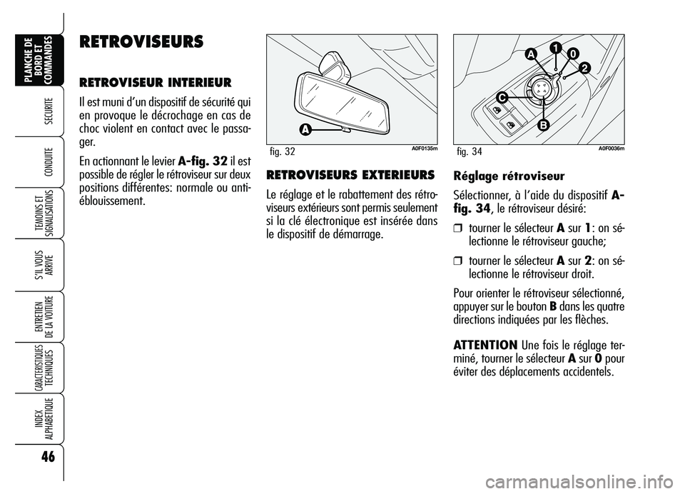 Alfa Romeo Brera/Spider 2007 Notice dentretien (in French) 46
SECURITE
TEMOINS ET
SIGNALISATIONS
S’IL VOUS
ARRIVE
ENTRETIEN
DE LA VOITURE
CARACTERISTIQUES TECHNIQUES
INDEX
ALPHABETIQUE
PLANCHE DE
BORD ET
COMMANDES
CONDUITE Réglage rétroviseur
Sélectio Alfa Romeo Brera/Spider 2007 Notice dentretien (in French) 46
SECURITE
TEMOINS ET
SIGNALISATIONS
S’IL VOUS
ARRIVE
ENTRETIEN
DE LA VOITURE
CARACTERISTIQUES TECHNIQUES
INDEX
ALPHABETIQUE
PLANCHE DE
BORD ET
COMMANDES
CONDUITE Réglage rétroviseur
Sélectio