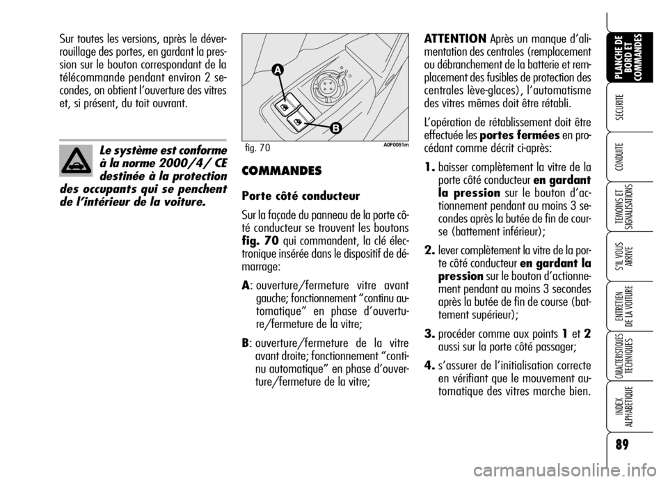 Alfa Romeo Brera/Spider 2007 Notice dentretien (in French) 89
SECURITE
TEMOINS ET
SIGNALISATIONS
S’IL VOUS
ARRIVE
ENTRETIEN
DE LA VOITURE
CARACTERISTIQUES TECHNIQUES
INDEX
ALPHABETIQUE
PLANCHE DE
BORD ET
COMMANDES
CONDUITE
Le système est conforme
à la Alfa Romeo Brera/Spider 2007 Notice dentretien (in French) 89
SECURITE
TEMOINS ET
SIGNALISATIONS
S’IL VOUS
ARRIVE
ENTRETIEN
DE LA VOITURE
CARACTERISTIQUES TECHNIQUES
INDEX
ALPHABETIQUE
PLANCHE DE
BORD ET
COMMANDES
CONDUITE
Le système est conforme
à la