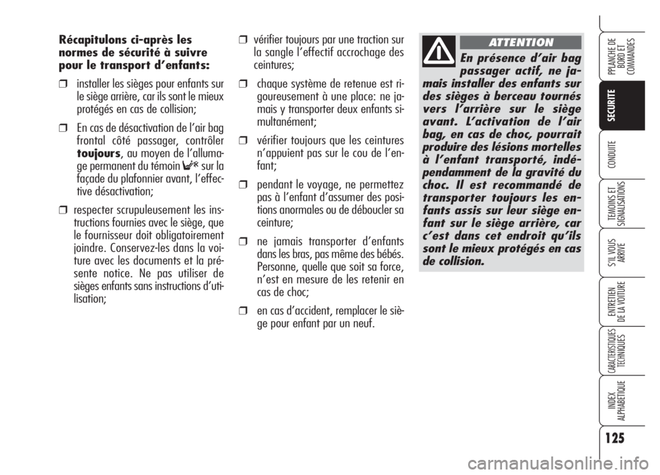 Alfa Romeo Brera/Spider 2008 Notice dentretien (in French) 125
SECURITE
TEMOINS ET
SIGNALISATIONS
S’IL VOUS
ARRIVE
ENTRETIEN
DE LA VOITURE
CARACTERISTIQUES
TECH
NIQUES
INDEX
ALPHABETIQUE
PPLANCHE DE
BORD ET
COMMANDES
CONDUITE
❒vérifier toujours par une Alfa Romeo Brera/Spider 2008 Notice dentretien (in French) 125
SECURITE
TEMOINS ET
SIGNALISATIONS
S’IL VOUS
ARRIVE
ENTRETIEN
DE LA VOITURE
CARACTERISTIQUES
TECH
NIQUES
INDEX
ALPHABETIQUE
PPLANCHE DE
BORD ET
COMMANDES
CONDUITE
❒vérifier toujours par une