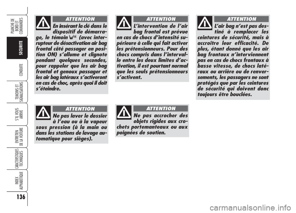 Alfa Romeo Brera/Spider 2008 Notice dentretien (in French) 136
SECURITE
TEMOINS ET
SIGNALISATIONS
S’IL VOUS
ARRIVE
ENTRETIEN
DE LA VOITURE
CARACTERISTIQUESTECHNIQUES
INDEX
ALPHABETIQUE
PLANCHE DE
BORD ET
COMMANDES
CONDUITE
L’intervention de l’air
bag Alfa Romeo Brera/Spider 2008 Notice dentretien (in French) 136
SECURITE
TEMOINS ET
SIGNALISATIONS
S’IL VOUS
ARRIVE
ENTRETIEN
DE LA VOITURE
CARACTERISTIQUESTECHNIQUES
INDEX
ALPHABETIQUE
PLANCHE DE
BORD ET
COMMANDES
CONDUITE
L’intervention de l’air
bag