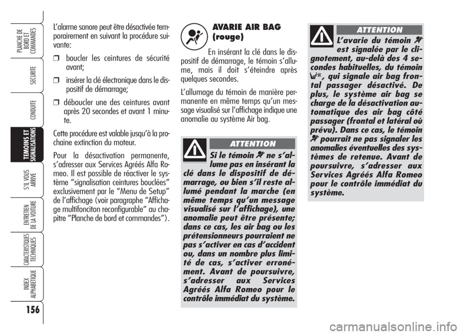 Alfa Romeo Brera/Spider 2008 Notice dentretien (in French) 156
SECURITE
TEMOINS ETSIGNALISATIONS
S’IL VOUS
ARRIVE
ENTRETIEN
DE LA VOITURE
CARACTERISTIQUESTECHNIQUES
INDEX
ALPHABETIQUE
PLANCHE DE
BORD ET
COMMANDES
CONDUITE
AVARIE AIR BAG
(rouge)
En inséra Alfa Romeo Brera/Spider 2008 Notice dentretien (in French) 156
SECURITE
TEMOINS ETSIGNALISATIONS
S’IL VOUS
ARRIVE
ENTRETIEN
DE LA VOITURE
CARACTERISTIQUESTECHNIQUES
INDEX
ALPHABETIQUE
PLANCHE DE
BORD ET
COMMANDES
CONDUITE
AVARIE AIR BAG
(rouge)
En inséra