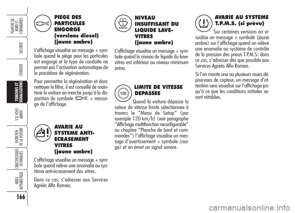 Alfa Romeo Brera/Spider 2008  Notice dentretien (in French) 166
SECURITE
TEMOINS ETSIGNALISATIONS
S’IL VOUS 
ARRIVE
ENTRETIEN
DE LA VOITURE
CARACTERISTIQUESTECHNIQUES
INDEX
ALPHABETIQUE
PLANCHE DE
BORD ET 
COMMANDES
CONDUITE
AVARIE AU
SYSTEME ANTI-
ECRASEMEN