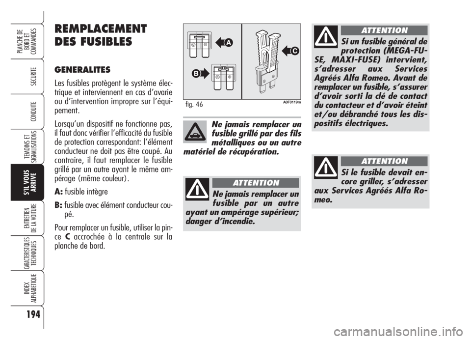Alfa Romeo Brera/Spider 2008 Notice dentretien (in French) 194
SECURITE
TEMOINS ET
SIGNALISATIONS
S’IL VOUS
ARRIVE
ENTRETIEN
DE LA VOITURE
CARACTERISTIQUESTECHNIQUES
INDEX
ALPHABETIQUE
PLANCHE DE
BORD ET
COMMANDES
CONDUITE
A0F0119mfig. 46
Ne jamais remplac Alfa Romeo Brera/Spider 2008 Notice dentretien (in French) 194
SECURITE
TEMOINS ET
SIGNALISATIONS
S’IL VOUS
ARRIVE
ENTRETIEN
DE LA VOITURE
CARACTERISTIQUESTECHNIQUES
INDEX
ALPHABETIQUE
PLANCHE DE
BORD ET
COMMANDES
CONDUITE
A0F0119mfig. 46
Ne jamais remplac