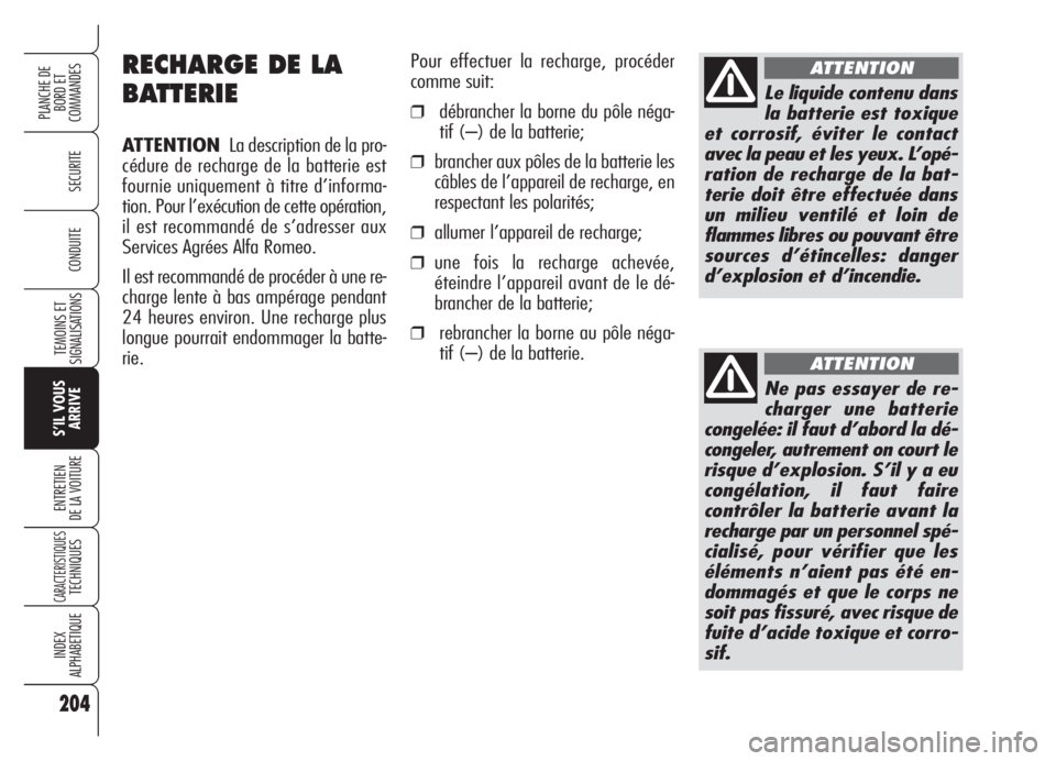 Alfa Romeo Brera/Spider 2008 Notice dentretien (in French) 204
SECURITE
TEMOINS ET
SIGNALISATIONS
S’IL VOUS
ARRIVE
ENTRETIEN
DE LA VOITURE
CARACTERISTIQUESTECHNIQUES
INDEX
ALPHABETIQUE
PLANCHE DE
BORD ET
COMMANDES
CONDUITE
RECHARGE DE LA
BATTERIE
ATTENTION Alfa Romeo Brera/Spider 2008 Notice dentretien (in French) 204
SECURITE
TEMOINS ET
SIGNALISATIONS
S’IL VOUS
ARRIVE
ENTRETIEN
DE LA VOITURE
CARACTERISTIQUESTECHNIQUES
INDEX
ALPHABETIQUE
PLANCHE DE
BORD ET
COMMANDES
CONDUITE
RECHARGE DE LA
BATTERIE
ATTENTION