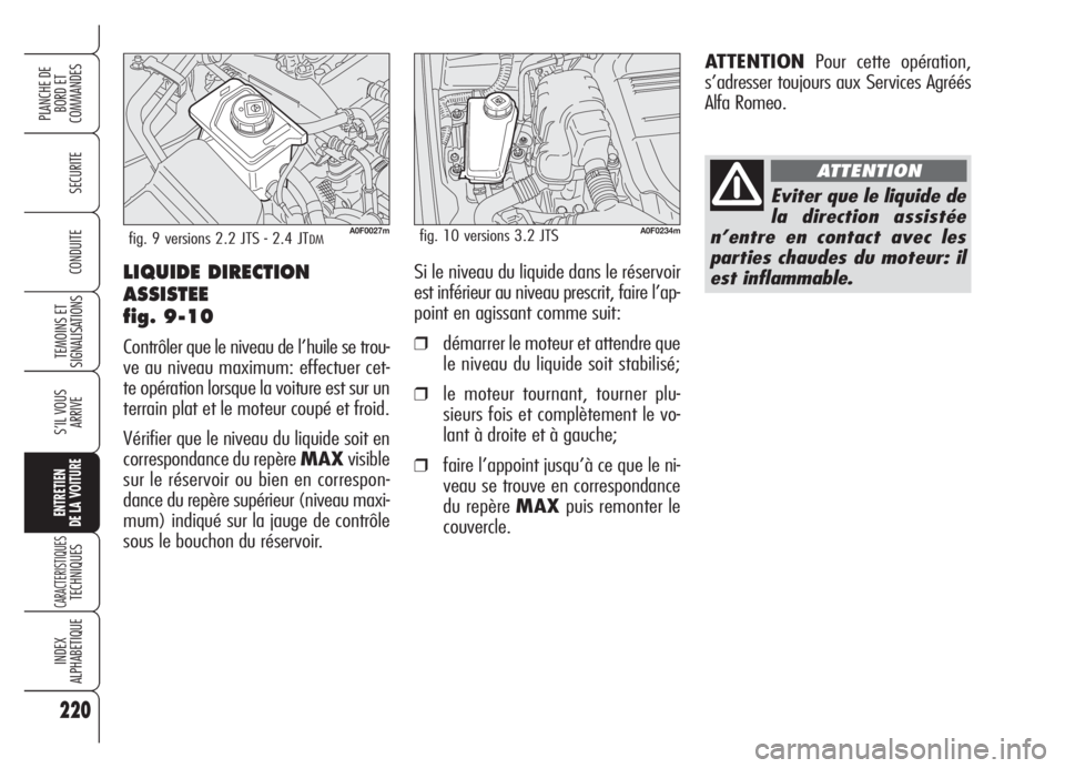 Alfa Romeo Brera/Spider 2008 Notice dentretien (in French) 220
SECURITE
TEMOINS ET
SIGNALISATIONS
S’IL VOUS
ARRIVE
ENTRETIEN
DE LA VOITURE
CARACTERISTIQUESTECHNIQUES
INDEX
ALPHABETIQUE
PLANCHE DE
BORD ET
COMMANDES
CONDUITELIQUIDE DIRECTION
ASSISTEE
fig. 9- Alfa Romeo Brera/Spider 2008 Notice dentretien (in French) 220
SECURITE
TEMOINS ET
SIGNALISATIONS
S’IL VOUS
ARRIVE
ENTRETIEN
DE LA VOITURE
CARACTERISTIQUESTECHNIQUES
INDEX
ALPHABETIQUE
PLANCHE DE
BORD ET
COMMANDES
CONDUITELIQUIDE DIRECTION
ASSISTEE
fig. 9-