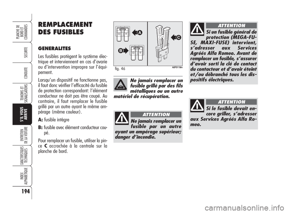 Alfa Romeo Brera/Spider 2009 Notice dentretien (in French) 194
SECURITE
TEMOINS ET
SIGNALISATIONS
S’IL VOUS
ARRIVE
ENTRETIEN
DE LA VOITURE
CARACTERISTIQUESTECHNIQUES
INDEX
ALPHABETIQUE
PLANCHE DE
BORD ET
COMMANDES
CONDUITE
AA0F0119mfig. 46
Ne jamais rempla Alfa Romeo Brera/Spider 2009 Notice dentretien (in French) 194
SECURITE
TEMOINS ET
SIGNALISATIONS
S’IL VOUS
ARRIVE
ENTRETIEN
DE LA VOITURE
CARACTERISTIQUESTECHNIQUES
INDEX
ALPHABETIQUE
PLANCHE DE
BORD ET
COMMANDES
CONDUITE
AA0F0119mfig. 46
Ne jamais rempla