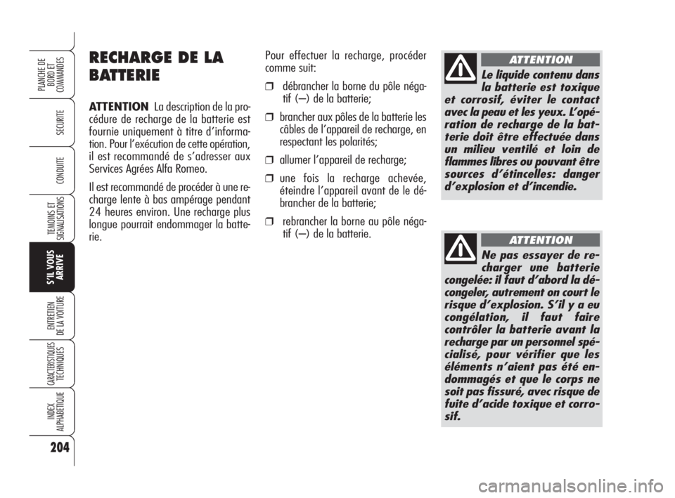Alfa Romeo Brera/Spider 2009 Notice dentretien (in French) 204
SECURITE
TEMOINS ET
SIGNALISATIONS
S’IL VOUS
ARRIVE
ENTRETIEN
DE LA VOITURE
CARACTERISTIQUESTECHNIQUES
INDEX
ALPHABETIQUE
PLANCHE DE
BORD ET
COMMANDES
CONDUITE
RECHARGE DE LA
BATTERIE
ATTENTION Alfa Romeo Brera/Spider 2009 Notice dentretien (in French) 204
SECURITE
TEMOINS ET
SIGNALISATIONS
S’IL VOUS
ARRIVE
ENTRETIEN
DE LA VOITURE
CARACTERISTIQUESTECHNIQUES
INDEX
ALPHABETIQUE
PLANCHE DE
BORD ET
COMMANDES
CONDUITE
RECHARGE DE LA
BATTERIE
ATTENTION