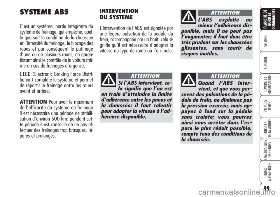 Alfa Romeo Brera/Spider 2010 Notice dentretien (in French) 99
SECURITE
TEMOINS ET
SIGNALISATIONS
S’IL VOUS
ARRIVE
ENTRETIEN
DE LA VOITURE
CARACTERISTIQUESTECHNIQUES
INDEX
ALPHABETIQUE
PLANCHE DE
BORD ET
COMMANDES
CONDUITE
SYSTEME ABS
C’est un système, pa Alfa Romeo Brera/Spider 2010 Notice dentretien (in French) 99
SECURITE
TEMOINS ET
SIGNALISATIONS
S’IL VOUS
ARRIVE
ENTRETIEN
DE LA VOITURE
CARACTERISTIQUESTECHNIQUES
INDEX
ALPHABETIQUE
PLANCHE DE
BORD ET
COMMANDES
CONDUITE
SYSTEME ABS
C’est un système, pa