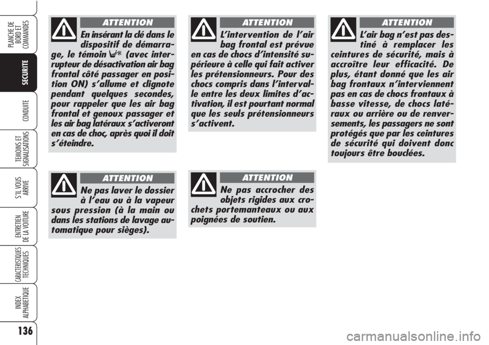 Alfa Romeo Brera/Spider 2010 Notice dentretien (in French) 136
SECURITE
TEMOINS ET
SIGNALISATIONS
S’IL VOUS
ARRIVE
ENTRETIEN
DE LA VOITURE
CARACTERISTIQUESTECHNIQUES
INDEX
ALPHABETIQUE
PLANCHE DE
BORD ET
COMMANDES
CONDUITE
L’intervention de l’air
bag Alfa Romeo Brera/Spider 2010 Notice dentretien (in French) 136
SECURITE
TEMOINS ET
SIGNALISATIONS
S’IL VOUS
ARRIVE
ENTRETIEN
DE LA VOITURE
CARACTERISTIQUESTECHNIQUES
INDEX
ALPHABETIQUE
PLANCHE DE
BORD ET
COMMANDES
CONDUITE
L’intervention de l’air
bag