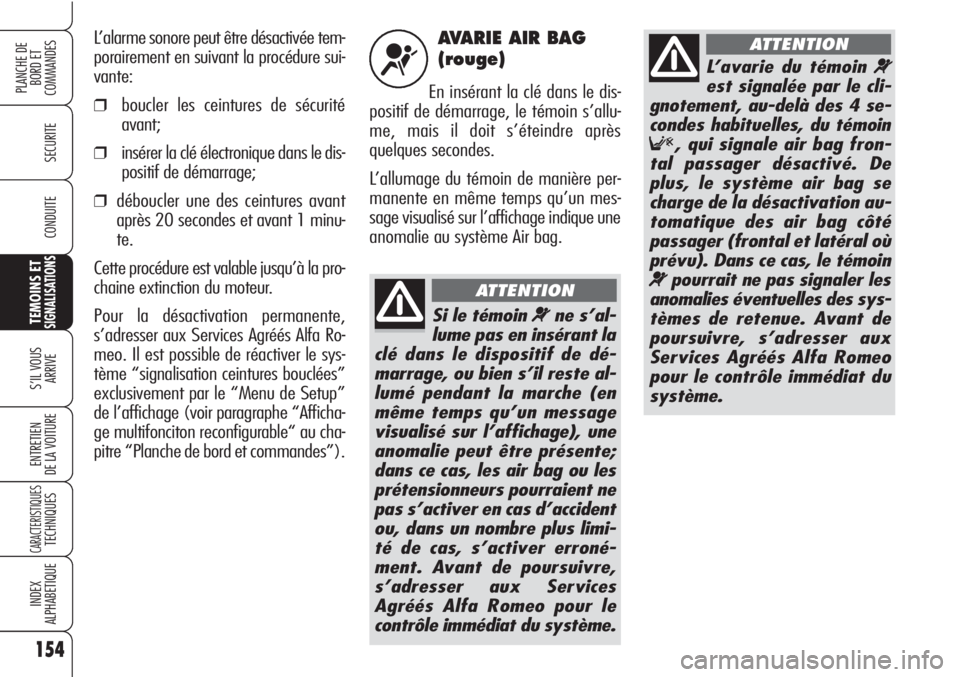 Alfa Romeo Brera/Spider 2010 Notice dentretien (in French) 154
SECURITE
TEMOINS ETSIGNALISATIONS
S’IL VOUS
ARRIVE
ENTRETIEN
DE LA VOITURE
CARACTERISTIQUESTECHNIQUES
INDEX
ALPHABETIQUE
PLANCHE DE
BORD ET
COMMANDES
CONDUITE
AVARIE AIR BAG
(rouge)
En inséra Alfa Romeo Brera/Spider 2010 Notice dentretien (in French) 154
SECURITE
TEMOINS ETSIGNALISATIONS
S’IL VOUS
ARRIVE
ENTRETIEN
DE LA VOITURE
CARACTERISTIQUESTECHNIQUES
INDEX
ALPHABETIQUE
PLANCHE DE
BORD ET
COMMANDES
CONDUITE
AVARIE AIR BAG
(rouge)
En inséra