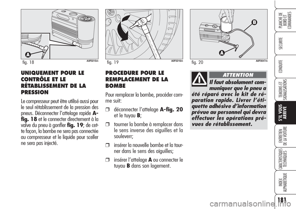 Alfa Romeo Brera/Spider 2010 Notice dentretien (in French) 181
SECURITE
TEMOINS ET
SIGNALISATIONS
S’IL VOUS
ARRIVE
ENTRETIEN
DE LA VOITURE
CARACTERISTIQUESTECHNIQUES
INDEX
ALPHABETIQUE
PLANCHE DE
BORD ET
COMMANDES
CONDUITE
A0F0215mfig. 18A0F0216mfig. 19
UN Alfa Romeo Brera/Spider 2010 Notice dentretien (in French) 181
SECURITE
TEMOINS ET
SIGNALISATIONS
S’IL VOUS
ARRIVE
ENTRETIEN
DE LA VOITURE
CARACTERISTIQUESTECHNIQUES
INDEX
ALPHABETIQUE
PLANCHE DE
BORD ET
COMMANDES
CONDUITE
A0F0215mfig. 18A0F0216mfig. 19
UN