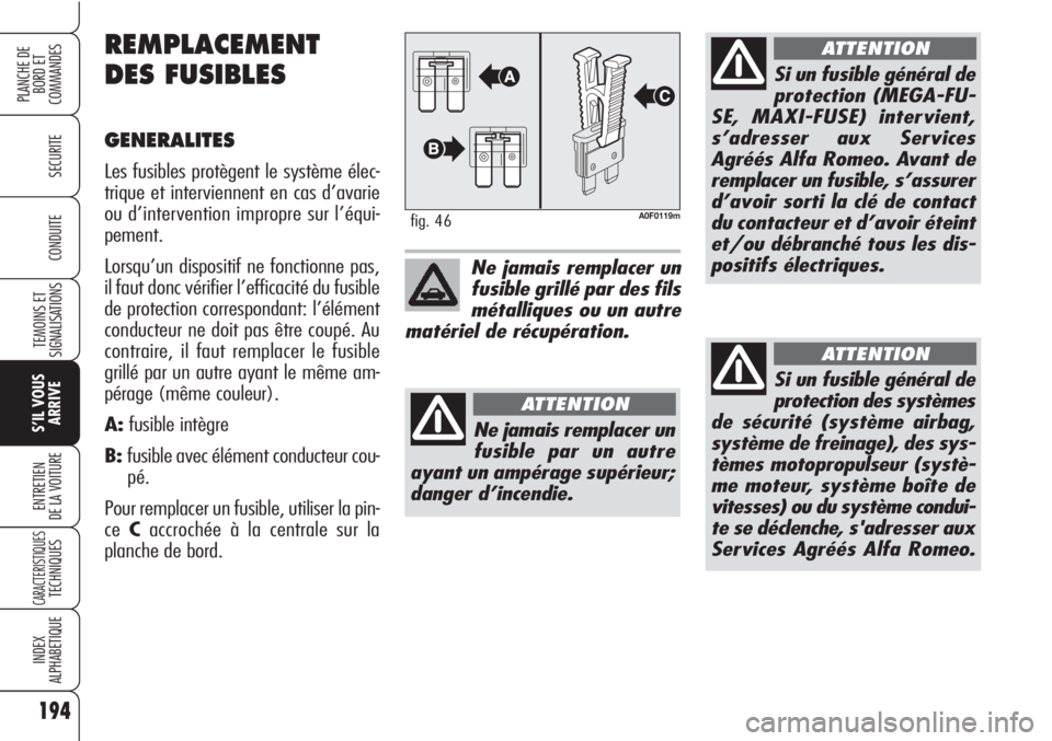 Alfa Romeo Brera/Spider 2010 Notice dentretien (in French) 194
SECURITE
TEMOINS ET
SIGNALISATIONS
S’IL VOUS
ARRIVE
ENTRETIEN
DE LA VOITURE
CARACTERISTIQUESTECHNIQUES
INDEX
ALPHABETIQUE
PLANCHE DE
BORD ET
COMMANDES
CONDUITE
A0F0119mfig. 46
Ne jamais remplac Alfa Romeo Brera/Spider 2010 Notice dentretien (in French) 194
SECURITE
TEMOINS ET
SIGNALISATIONS
S’IL VOUS
ARRIVE
ENTRETIEN
DE LA VOITURE
CARACTERISTIQUESTECHNIQUES
INDEX
ALPHABETIQUE
PLANCHE DE
BORD ET
COMMANDES
CONDUITE
A0F0119mfig. 46
Ne jamais remplac