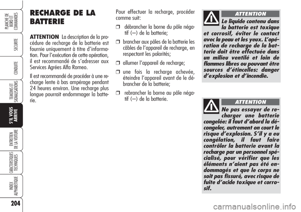 Alfa Romeo Brera/Spider 2010 Notice dentretien (in French) 204
SECURITE
TEMOINS ET
SIGNALISATIONS
S’IL VOUS
ARRIVE
ENTRETIEN
DE LA VOITURE
CARACTERISTIQUESTECHNIQUES
INDEX
ALPHABETIQUE
PLANCHE DE
BORD ET
COMMANDES
CONDUITE
RECHARGE DE LA
BATTERIE
ATTENTION Alfa Romeo Brera/Spider 2010 Notice dentretien (in French) 204
SECURITE
TEMOINS ET
SIGNALISATIONS
S’IL VOUS
ARRIVE
ENTRETIEN
DE LA VOITURE
CARACTERISTIQUESTECHNIQUES
INDEX
ALPHABETIQUE
PLANCHE DE
BORD ET
COMMANDES
CONDUITE
RECHARGE DE LA
BATTERIE
ATTENTION