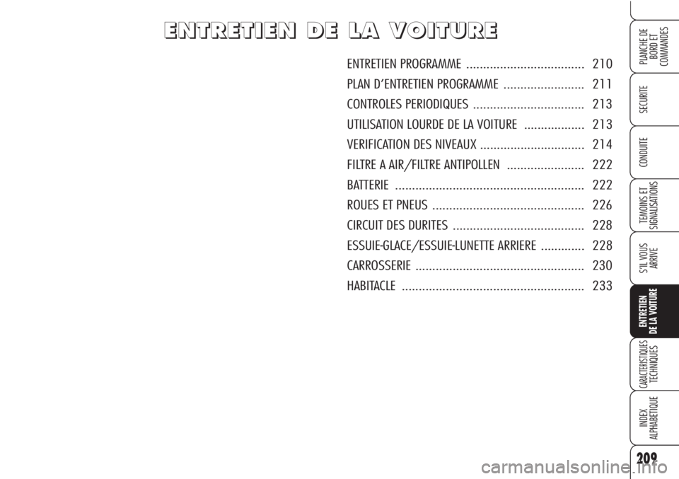 Alfa Romeo Brera/Spider 2010  Notice dentretien (in French) 209
SECURITE
TEMOINS ET
SIGNALISATIONS
S’IL VOUS
ARRIVE
ENTRETIEN
DE LA VOITURE
CARACTERISTIQUESTECHNIQUES
INDEX
ALPHABETIQUE
PLANCHE DE
BORD ET 
COMMANDES
CONDUITE
E E
N N
T T
R R
E E
T T
I I
E E
N
