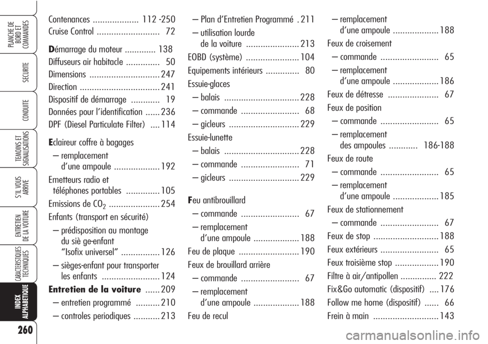 Alfa Romeo Brera/Spider 2010 Notice dentretien (in French) 260
SECURITE
TEMOINS ET
SIGNALISATIONS
S’IL VOUS
ARRIVE
ENTRETIEN
DE LA VOITURE
CARACTERISTIQUESTECHNIQUES
INDEX
ALPHABETIQUE
PLANCHE DE
BORD ET
COMMANDES
CONDUITE
– Plan d’Entretien Programm Alfa Romeo Brera/Spider 2010 Notice dentretien (in French) 260
SECURITE
TEMOINS ET
SIGNALISATIONS
S’IL VOUS
ARRIVE
ENTRETIEN
DE LA VOITURE
CARACTERISTIQUESTECHNIQUES
INDEX
ALPHABETIQUE
PLANCHE DE
BORD ET
COMMANDES
CONDUITE
– Plan d’Entretien Programm