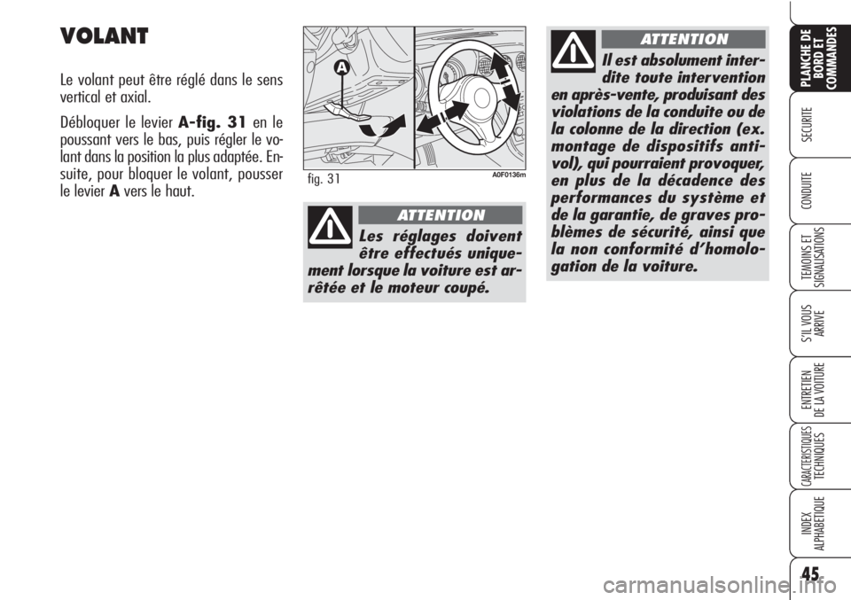 Alfa Romeo Brera/Spider 2010  Notice dentretien (in French) 45
SECURITE
TEMOINS ET
SIGNALISATIONS
S’IL VOUS
ARRIVE
ENTRETIEN
DE LA VOITURE
CARACTERISTIQUESTECHNIQUES
INDEX
ALPHABETIQUE
PLANCHE DE
BORD ET
COMMANDES
CONDUITE
VOLANT
Le volant peut être réglé
