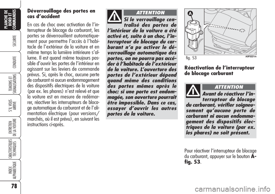 Alfa Romeo Brera/Spider 2010  Notice dentretien (in French) 78
SECURITE
TEMOINS ET
SIGNALISATIONS
S’IL VOUS
ARRIVE
ENTRETIEN
DE LA VOITURE
CARACTERISTIQUESTECHNIQUES
INDEX
ALPHABETIQUE
PLANCHE DE
BORD ET
COMMANDES
CONDUITE
Si le verrouillage cen-
tralisé de