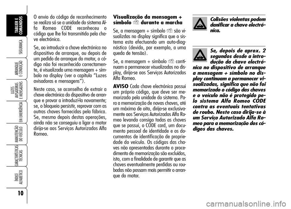 Alfa Romeo Brera/Spider 2006 Manual de Uso e Manutenção (in Portuguese) Visualização da mensagem +
símbolo
Ydurante a marcha
Se, a mensagem + símbolo
Ysão vi-
sualizdas no display significa que o sis-
tema esta efectuando um auto-diag-
nóstico (devido, por exemplo Alfa Romeo Brera/Spider 2006 Manual de Uso e Manutenção (in Portuguese) Visualização da mensagem +
símbolo
Ydurante a marcha
Se, a mensagem + símbolo
Ysão vi-
sualizdas no display significa que o sis-
tema esta efectuando um auto-diag-
nóstico (devido, por exemplo